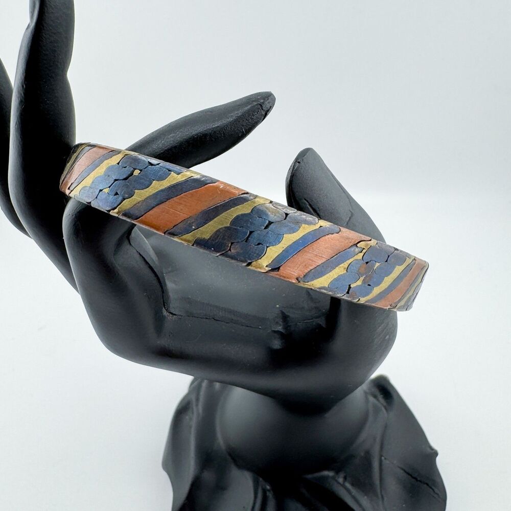 Vintage Copper Brass & Black Enamel Cuff Bracelet Mixed Metal Boho Tribal Rustic